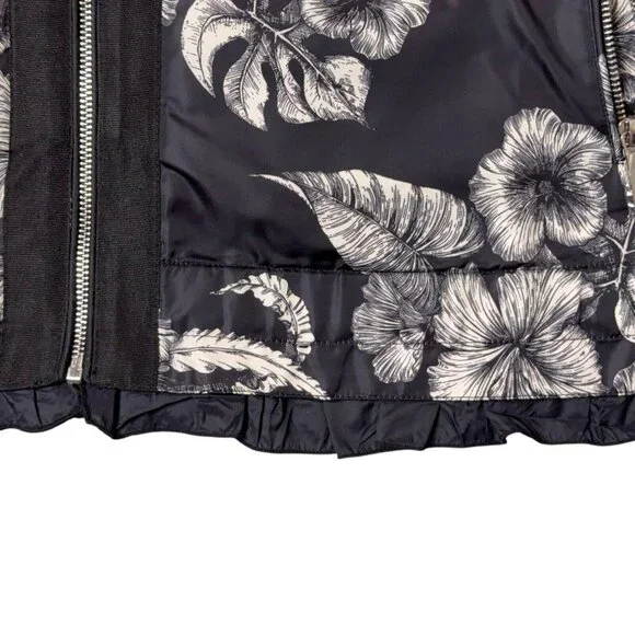 Dennis Basso Jacket Printed Floral Black White Water Resistant Hooded Ruffle Lg - Picture 7 of 16